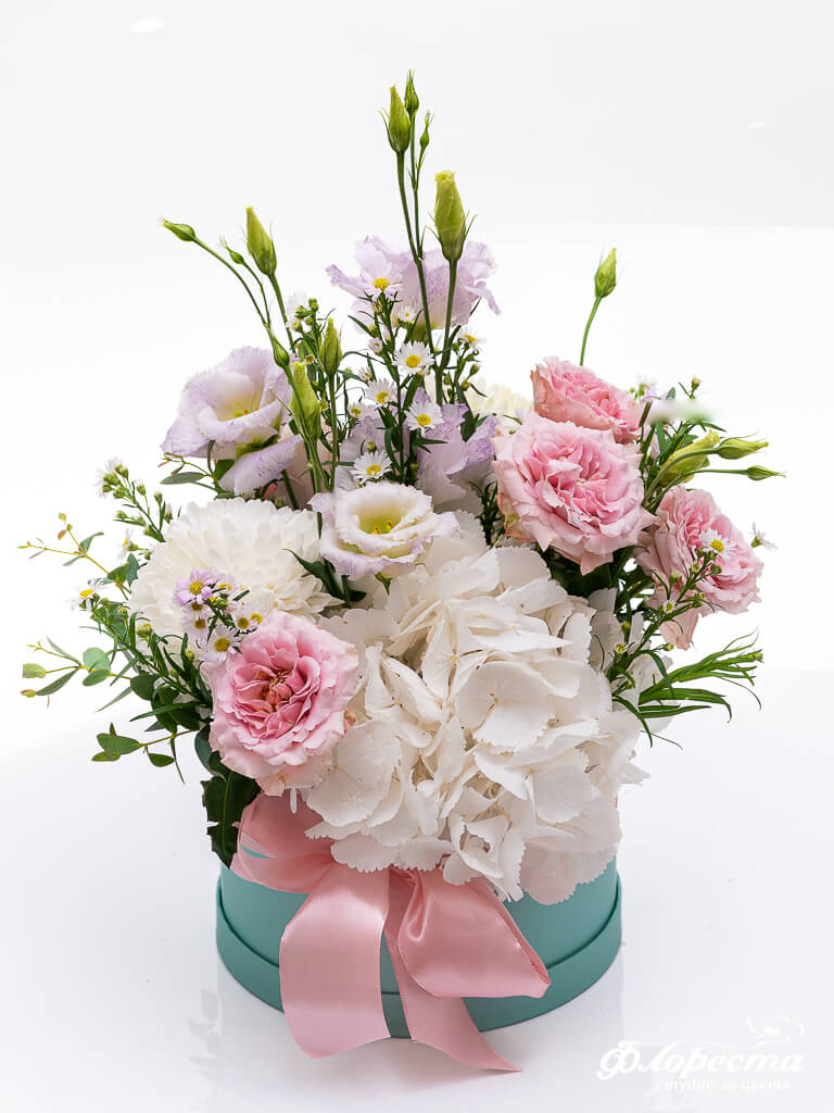 Box of hydrangea and lisianthus - Floresta Flower Shop, image size:768x1024